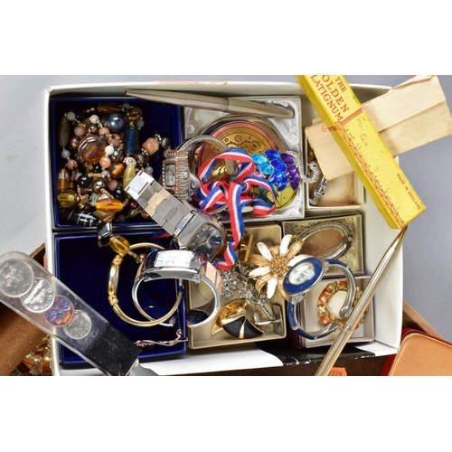 97 - A BOX OF MAINLY VINTAGE COSTUME JEWELLERY, to include a pair of Christian Dior ear clips, two Christ... 