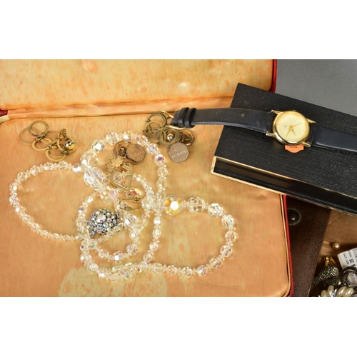 97 - A BOX OF MAINLY VINTAGE COSTUME JEWELLERY, to include a pair of Christian Dior ear clips, two Christ... 