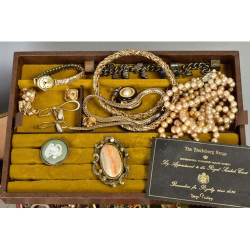 97 - A BOX OF MAINLY VINTAGE COSTUME JEWELLERY, to include a pair of Christian Dior ear clips, two Christ... 