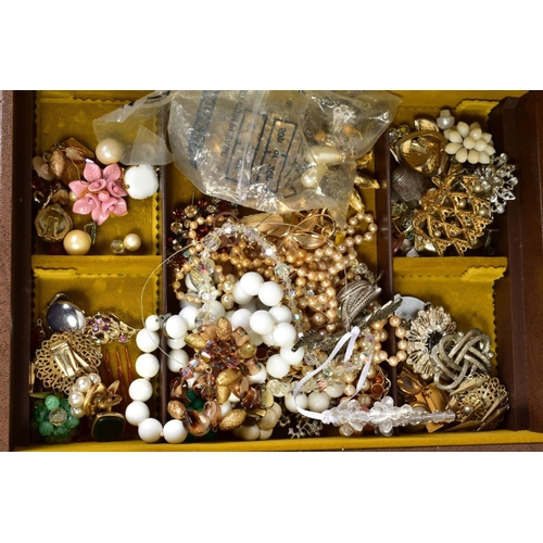 97 - A BOX OF MAINLY VINTAGE COSTUME JEWELLERY, to include a pair of Christian Dior ear clips, two Christ... 