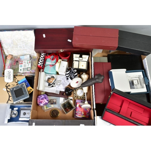 98 - TWO BOXES OF MISCELLANEOUS ITEMS, to include small jewellery boxes, trinket boxes, jewellery stands,... 