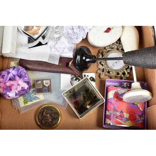 98 - TWO BOXES OF MISCELLANEOUS ITEMS, to include small jewellery boxes, trinket boxes, jewellery stands,... 