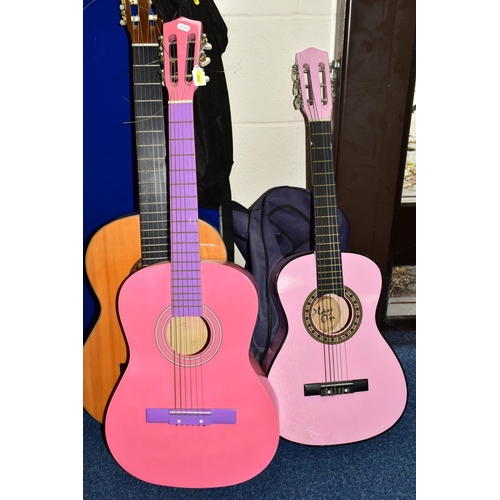 416 - A LEONORA SIX STRING ACOUSTIC GUITAR, model no AG2069A, with a soft case, with two smaller Chinese m... 