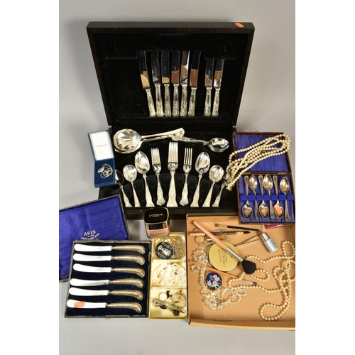 105 - A QUANTITY OF SILVER, COSTUME JEWELLERY, COSMETICS, etc, including a cased set of six George V pisto... 