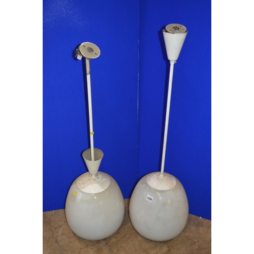 1056 - A PAIR OF OPAQUE WHITE OVOID GLASS AND OVER PAINTED NICKEL PLATED CEILING LIGHT FITTINGS, approximat... 