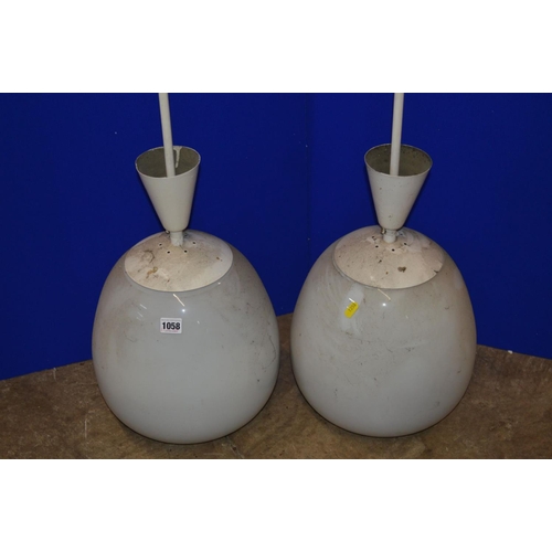 1058 - A PAIR OF OPAQUE WHITE OVOID GLASS AND OVER PAINTED NICKEL PLATED CEILING LIGHT FITTINGS, approximat... 