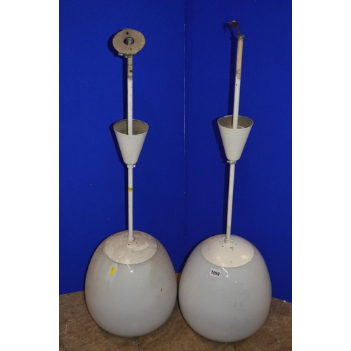 1059 - A PAIR OF OPAQUE WHITE OVOID GLASS AND OVER PAINTED NICKEL PLATED CEILING LIGHT FITTINGS, approximat... 