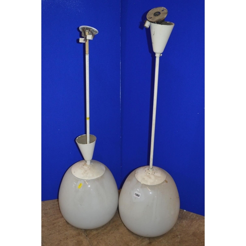 1060 - A PAIR OF OPAQUE WHITE OVOID GLASS AND OVER PAINTED NICKEL PLATED CEILING LIGHT FITTINGS, approximat... 