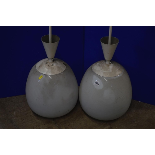 1062 - A PAIR OF OPAQUE WHITE OVOID GLASS AND OVER PAINTED NICKEL PLATED CEILING LIGHT FITTINGS, approximat... 