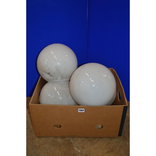 1064 - A BOX CONTAINING FOUR OPAQUE WHITE GLASS SPHERICAL CEILING LIGHT FITTINGS, approximate diameter 30cm... 