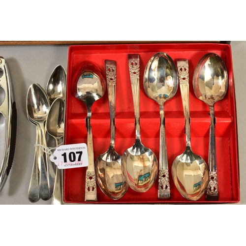 107 - A COLLECTION OF SILVER AND PLATED CUTLERY AND FLATWARE, including a set of five George III silver Ol... 