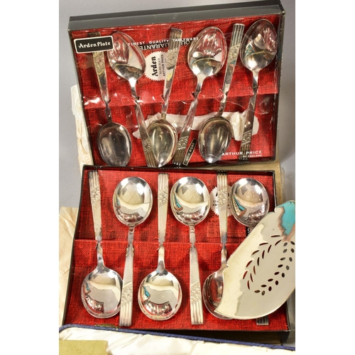 107 - A COLLECTION OF SILVER AND PLATED CUTLERY AND FLATWARE, including a set of five George III silver Ol... 