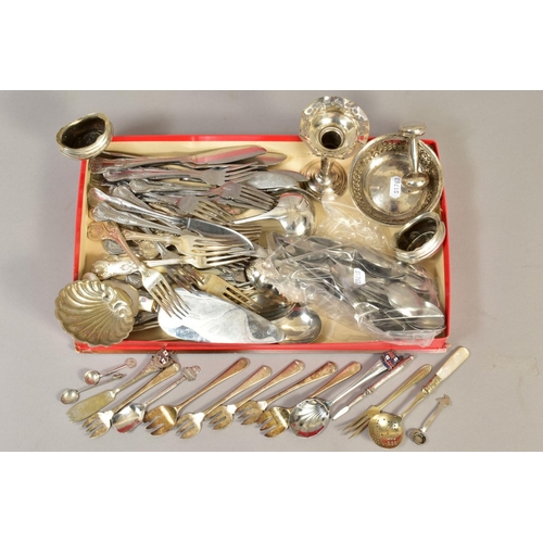 110 - A BOX OF SILVER, SILVER PLATE AND STAINLESS STEEL, including a George V pierced silver bon bon baske... 