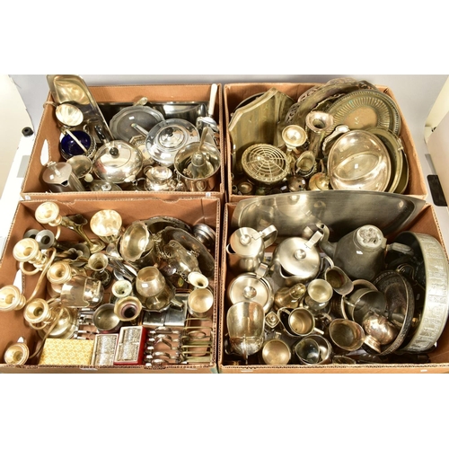 113 - FOUR BOXES OF SILVER PLATE, STAINLESS STEEL AND PEWTER, including Old Hall tea wares, candelabra, ca... 