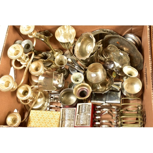 113 - FOUR BOXES OF SILVER PLATE, STAINLESS STEEL AND PEWTER, including Old Hall tea wares, candelabra, ca... 