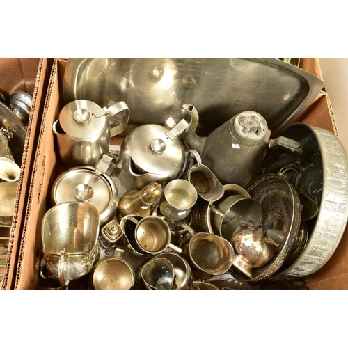 113 - FOUR BOXES OF SILVER PLATE, STAINLESS STEEL AND PEWTER, including Old Hall tea wares, candelabra, ca... 