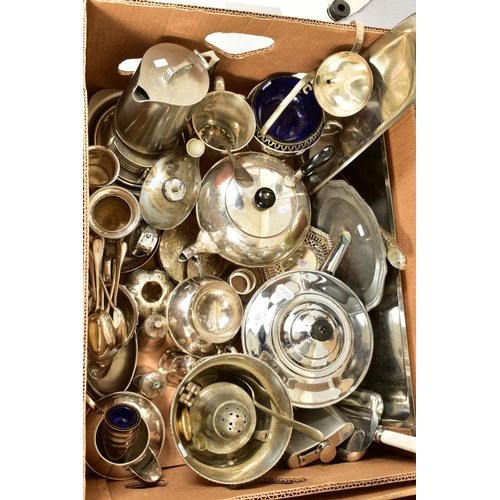 113 - FOUR BOXES OF SILVER PLATE, STAINLESS STEEL AND PEWTER, including Old Hall tea wares, candelabra, ca... 