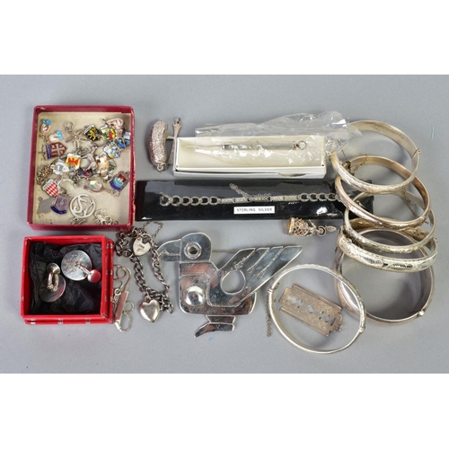 120 - A SELECTION OF ITEMS, to include six silver engraved bangles, a silver curb link charm bracelet, wit... 