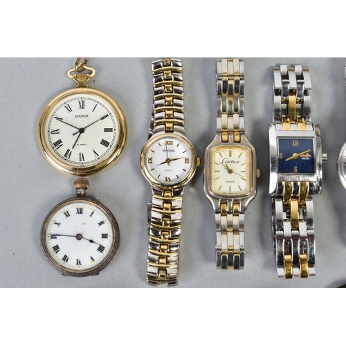 121 - A BOX OF WRISTWATCHES AND POCKET WATCH, to include a quartz Sekonda, an Accurist wristwatch, a silve... 