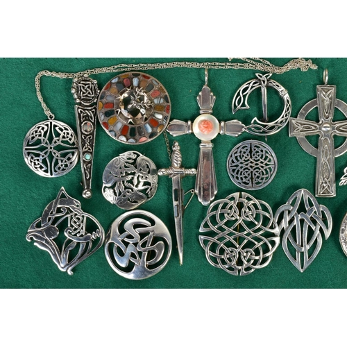 122 - A SELECTION OF ITEMS, to include a pair of Celtic drop earrings with fish hook fittings, twelve Celt... 