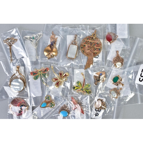 124 - A SELECTION OF JEWELLERY, to include four yellow metal brooches in forms such as butterflies and dra... 