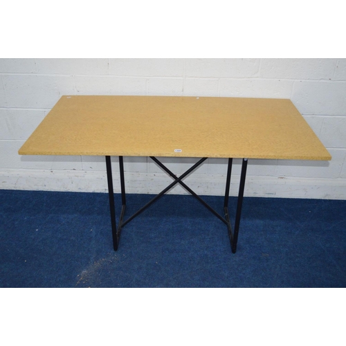 1309 - A MAPLE TOPPED RECTANGULAR DINING TABLE a crossed metal frame, width 140cm x depth 76cm x height 72c... 