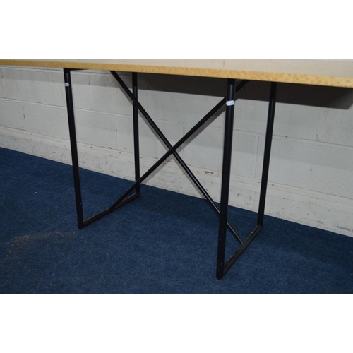 1309 - A MAPLE TOPPED RECTANGULAR DINING TABLE a crossed metal frame, width 140cm x depth 76cm x height 72c... 