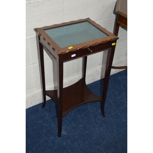 1310 - A MAHOGANY DISPLAY TOP CABINET on four tapering legs united by a concave under shelf, width 40cm x d... 