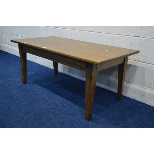 1313 - A MODERN GOLDEN OAK COFFEE TABLE, on square tapering legs, width 120cm x depth 61cm x height 51cm