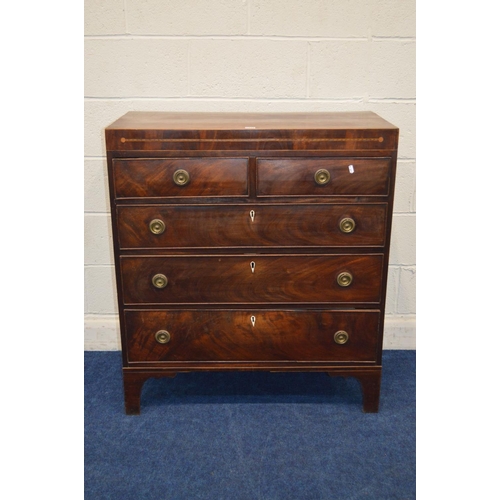 1315 - A GEORGIAN FLAME MAHOGANY AND INLAID CHEST OF TWO SHORT AND THREE LONG GRADUATED DRAWERS, on bracket... 