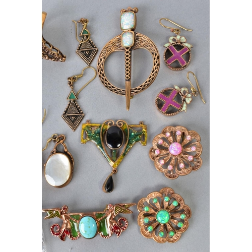 132 - A SELECTION OF COSTUME JEWELLERY, to include four synthetic opal set brooches, various enamel set br... 