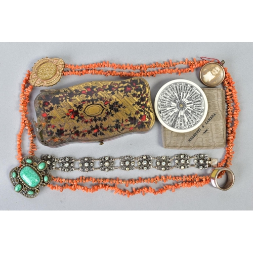 133 - A SELECTION OF ITEMS, to include a coral branch necklace, a Victorian engraved oval brooch, a hinged... 