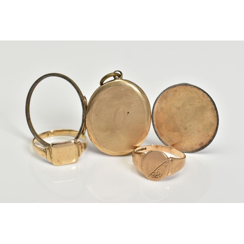 137 - TWO RINGS AND A LOCKET, the first ring designed as a square signet ring, with a 9ct hallmark for Bir... 