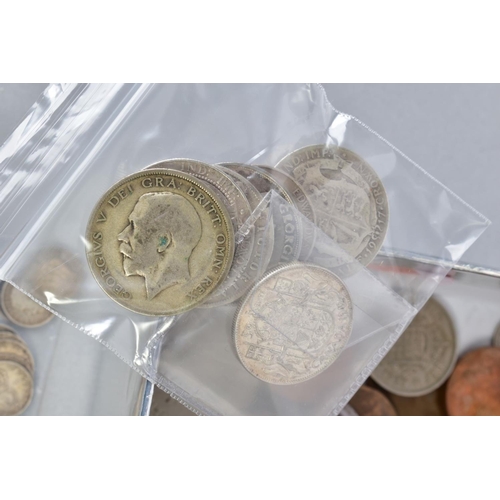 148 - A SMALL BOX OF MAINLY UK COINAGE to include an amount of silver coins, 1887 crown, 1903, 1909 florin... 