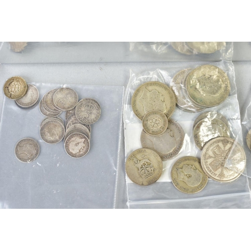 148 - A SMALL BOX OF MAINLY UK COINAGE to include an amount of silver coins, 1887 crown, 1903, 1909 florin... 