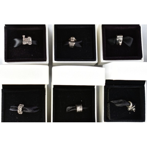 150 - A SELECTION OF PANDORA CHARMS, to include seven charms each within original box, with designs such a... 