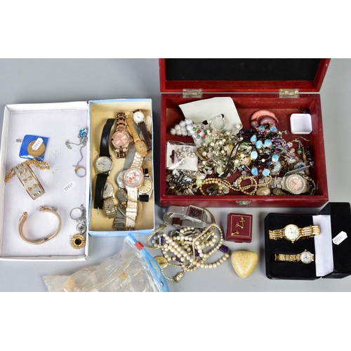 153 - A SELECTION OF ITEMS, to include a wooden hinged jewellery box containing costume jewellery such as ... 