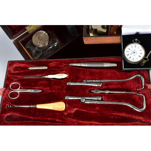 154 - A GENTLEMANS TRAVEL BOX AND ITEMS, wooden box length 330mm, to include boot hooks, scissors, glass b... 