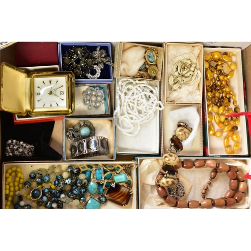 155 - A LARGE SELECTION OF COSTUME JEWELLERY, two boxes filled with items such as beaded necklaces, imitat... 