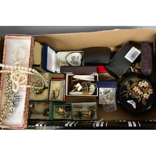 155 - A LARGE SELECTION OF COSTUME JEWELLERY, two boxes filled with items such as beaded necklaces, imitat... 