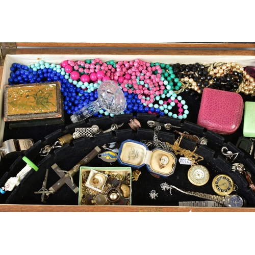 156 - A SELECTION OF ITEMS, to include a black hinged box with items such as plastic beads, brooches, ring... 