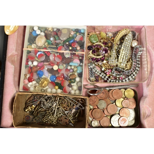 156 - A SELECTION OF ITEMS, to include a black hinged box with items such as plastic beads, brooches, ring... 