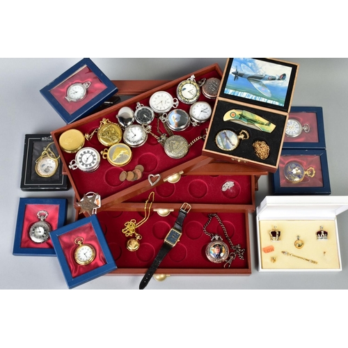 160 - A SELECTION OF POCKET WATCHES, to include six boxed quartz movement watches, a wooden storage displa... 