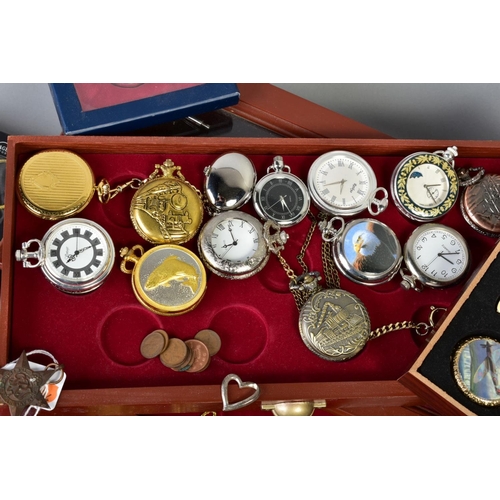 160 - A SELECTION OF POCKET WATCHES, to include six boxed quartz movement watches, a wooden storage displa... 