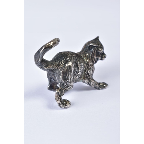 161 - A VINTAGE SILVER PLATED MODEL OF A CAT, cast in a pouncing stance with tail curled up, height 3.5cm