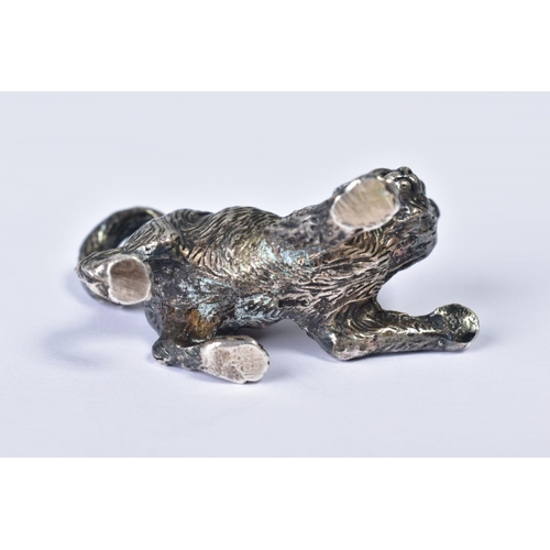 161 - A VINTAGE SILVER PLATED MODEL OF A CAT, cast in a pouncing stance with tail curled up, height 3.5cm