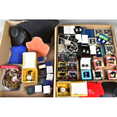 162 - TWO LARGE BOXES CONTAINING A LARGE SELECTION OF CUFFLINKS AND OTHER ITEMS, to include five retro, si... 