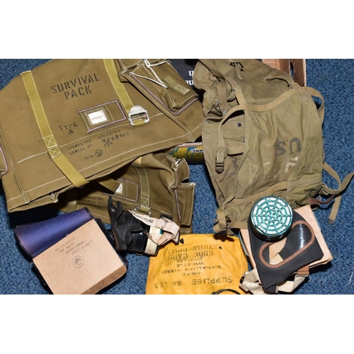 164 - A BOX CONTAINING MILITARY KIT/SURVIVAL BAGS BRITISH/US, together with two British issue WWII style/e... 