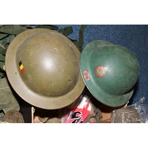 165 - A BOX CONTAINING VARIOUS MILITARY ITEMS AS FOLLOWS, three steel helmets (Air Raid Warden Black, Nati... 