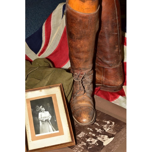 167 - A BOX CONTAINING VARIOUS BRITISH WWWI/II ITEMS including jacket and trousers, WWI uniform jacket, a ... 